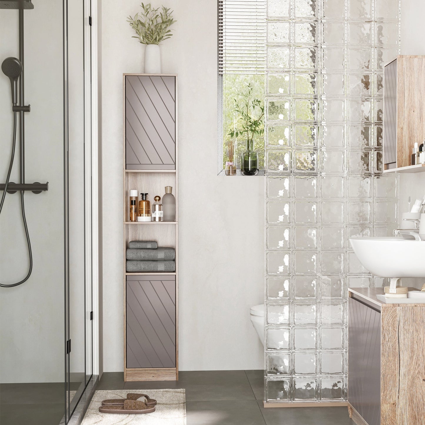 HOMCOM Freestanding Bathroom Storage Cabinet w/ 2 Cupboards 2 Compartments Home Organisation Anti-Tipping Elevated Base 30L x 24W x 170H cm Grey&Brown