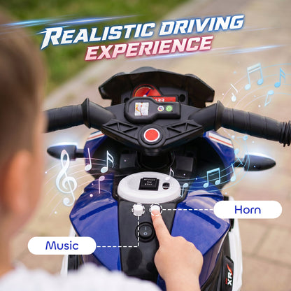 HOMCOM Kids Electric Motorcycle, 6V Ride on Motorcycle with 3 Wheels, LED Headlight, Music, Horn for Boys Girls 3-5 Y, Blue