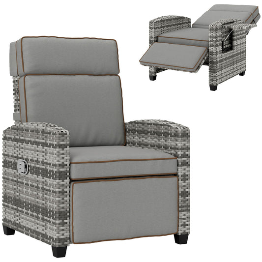 Outsunny Rattan Garden Recliner Chair, Adjustable Backrest Reclining Rattan Chair with Flip Table, Cushion and Footrest, Indoor Outdoor Lounge Reclining Sun Lounger for Patio, Mixed Grey/Grey