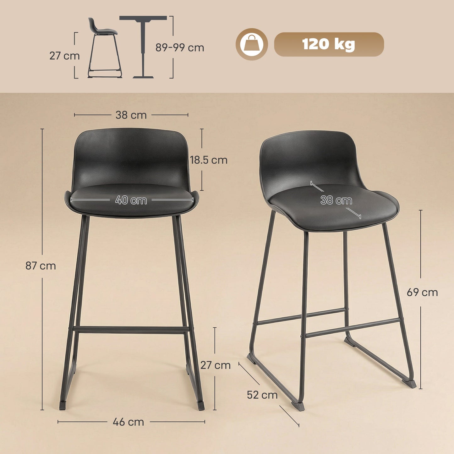 HOMCOM Modern Bar Stools Set of 2, PU Leather Barstools, Counter Height Kitchen Chairs for Breakfast Bars, Dining Room, Black
