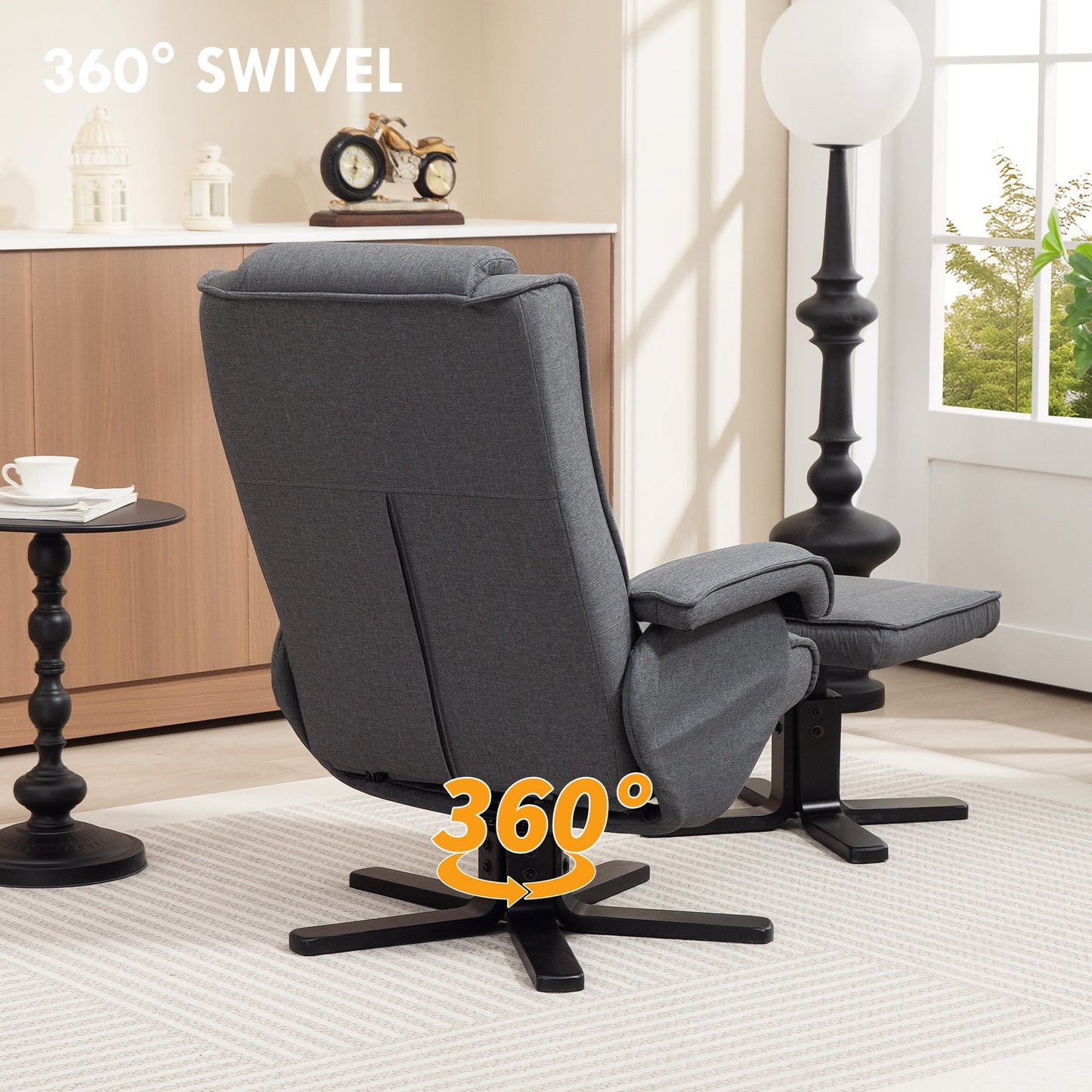 HOMCOM Rocker Swivel Recliner Chair with Footstool - Charcoal Grey Linen