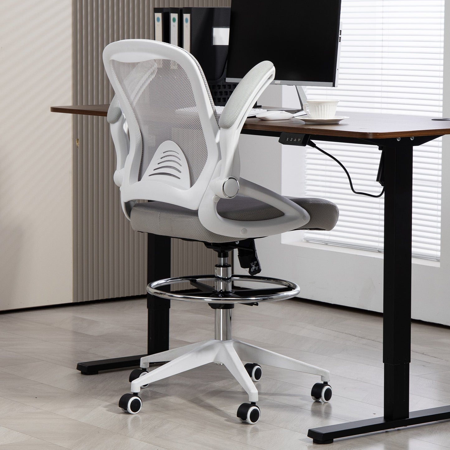 Vinsetto Drafting Chair with Flip-up Armrest, Mesh Office Stool with Foot Ring, 360° Swivel Height Adjustable Chair for Standing Desk, Light Grey