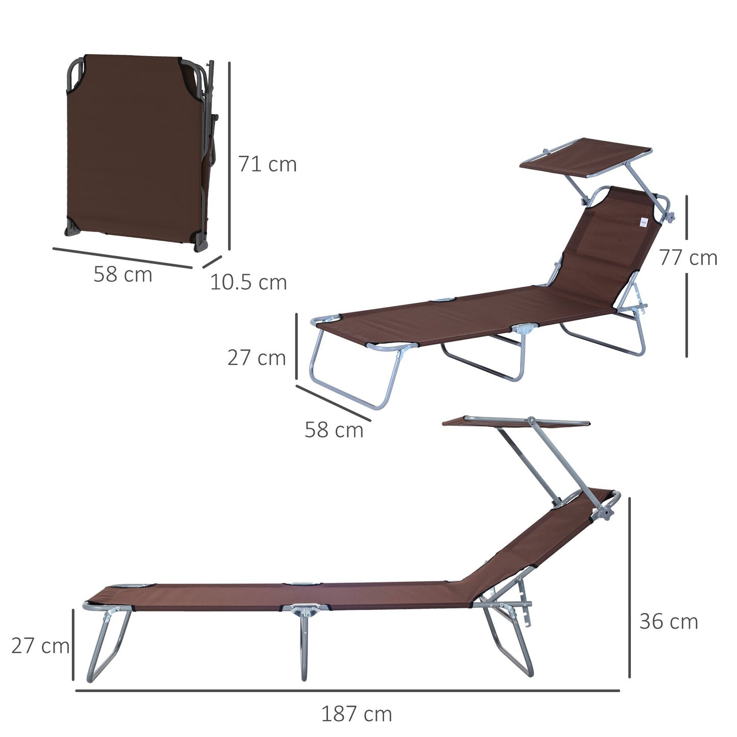 Outsunny Outdoor Foldable Sun Lounger, 4 Level Adjustable Backrest  Reclining Sun Lounger Chair with Angle Adjust Sun Shade Awning for Beach, Garden, Patio, Brown