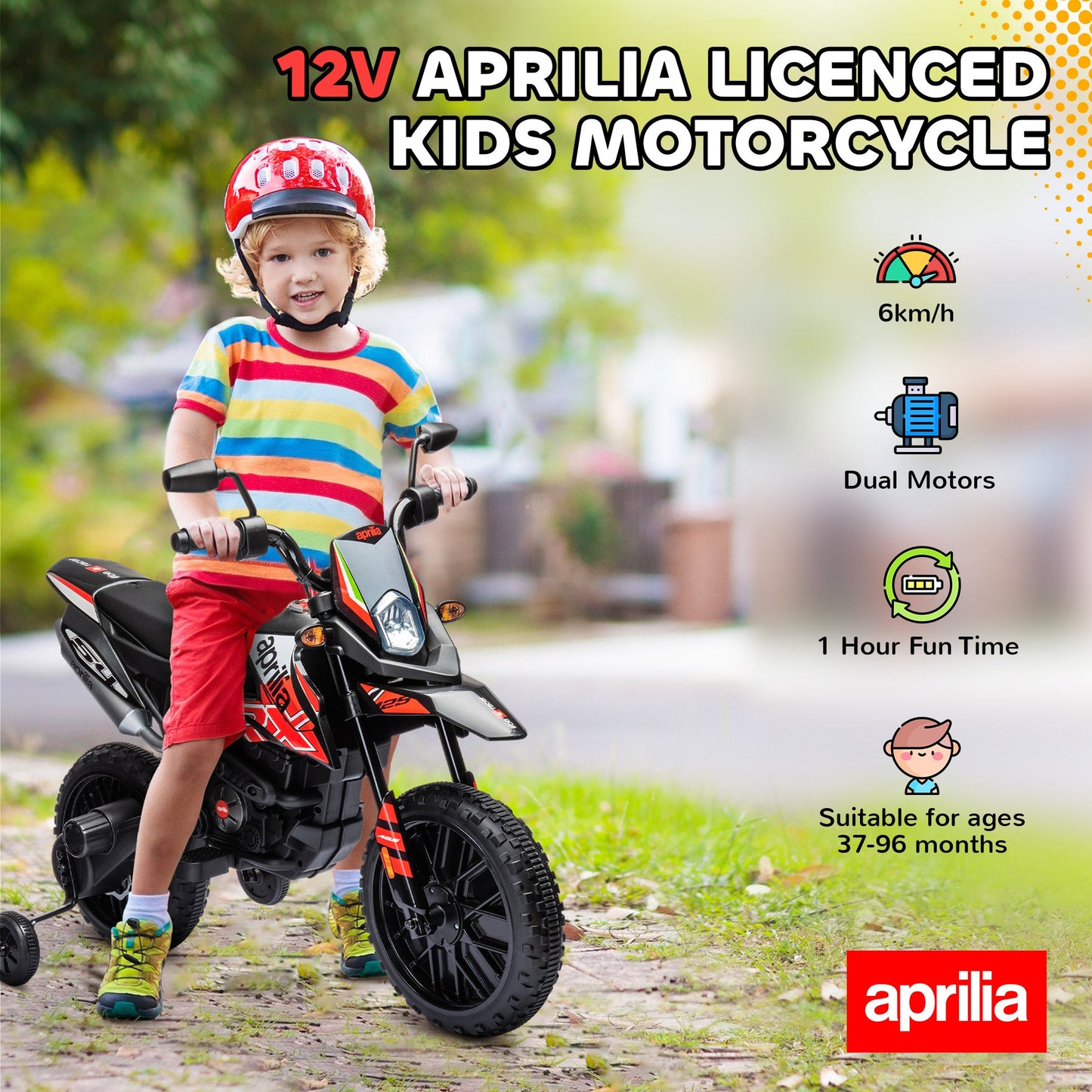 AIYAPLAY 12V Aprilia Licenced Kids Motorbike with Training Wheels, Spring Suspension, LED Light, USB, Music, Red