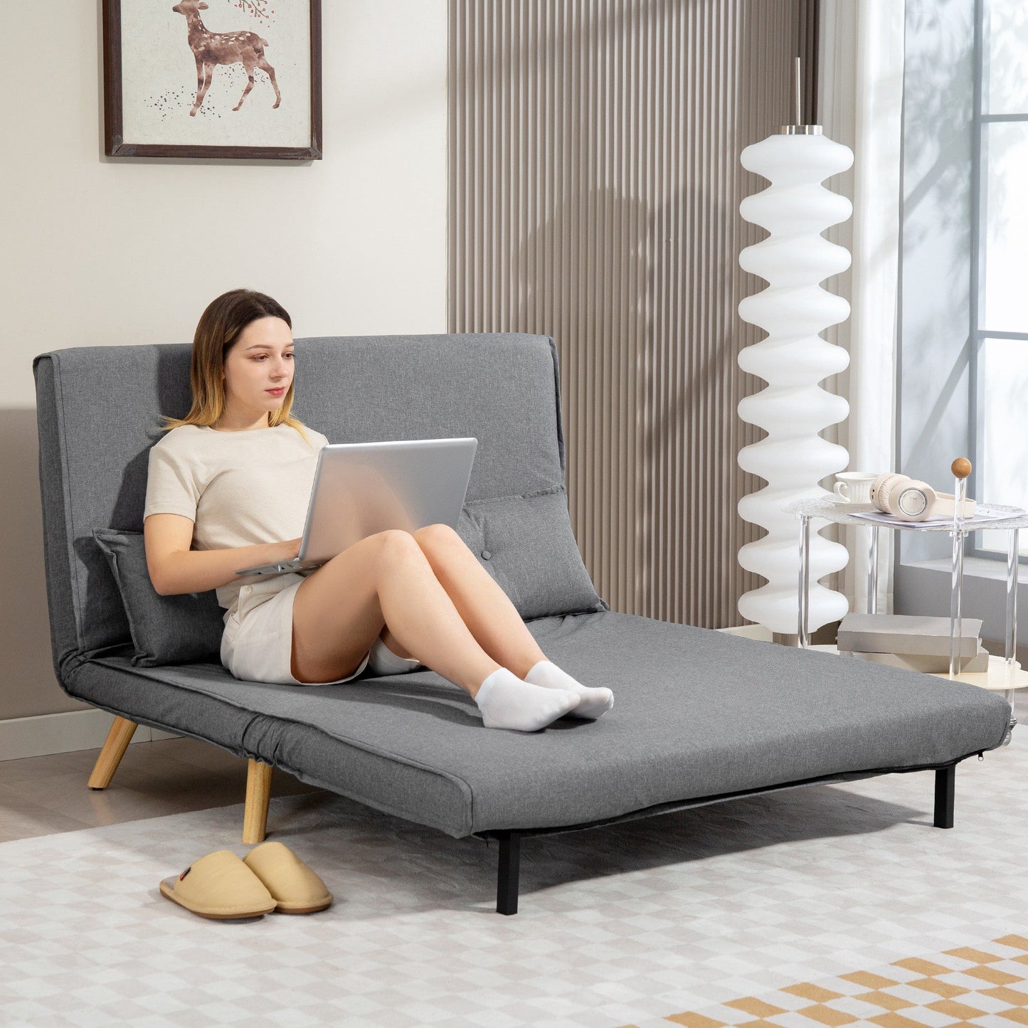 HOMCOM Two-Seater Linen-Look Sofa Bed - Grey
