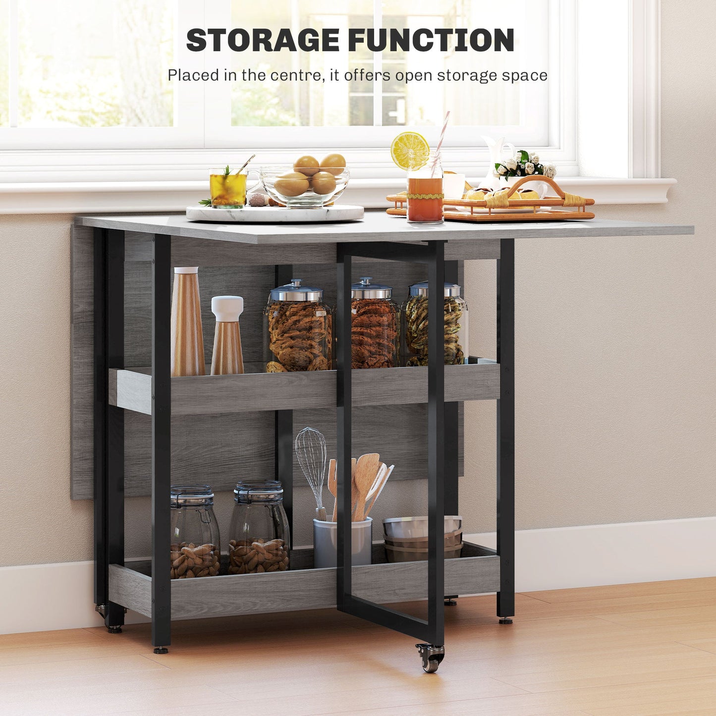 HOMCOM Industrial Folding Dining Table, Drop Leaf Table with Open Compartments for Small Spaces, Kitchen, Dining Room, Grey