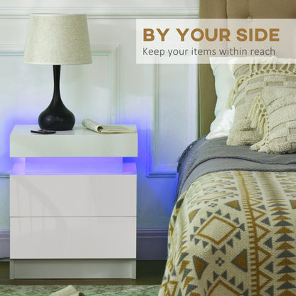 HOMCOM Set of 2 White Bedside Tables with LED Lights, High Gloss Front Nightstands with 4 Drawers
