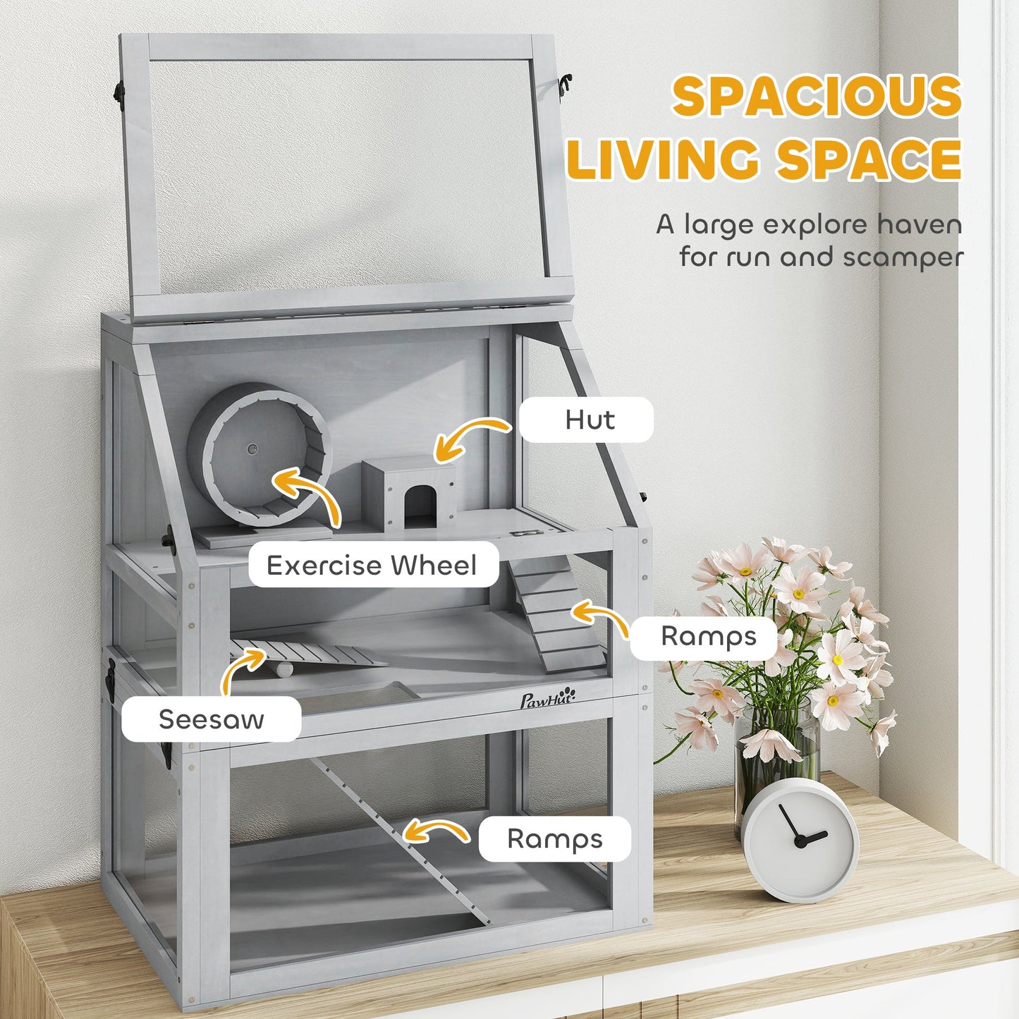 PawHut Wooden Hamster Cage with Detachable 32cm Deep Bottom, Hut, Seesaw, Exercise Wheel, Ramp, 60 x 40 x 75cm, Light Grey