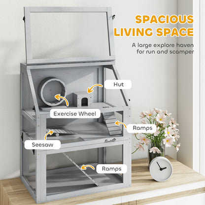 PawHut Wooden Hamster Cage with Detachable 32cm Deep Bottom, Hut, Seesaw, Exercise Wheel, Ramp, 60 x 40 x 75cm, Light Grey