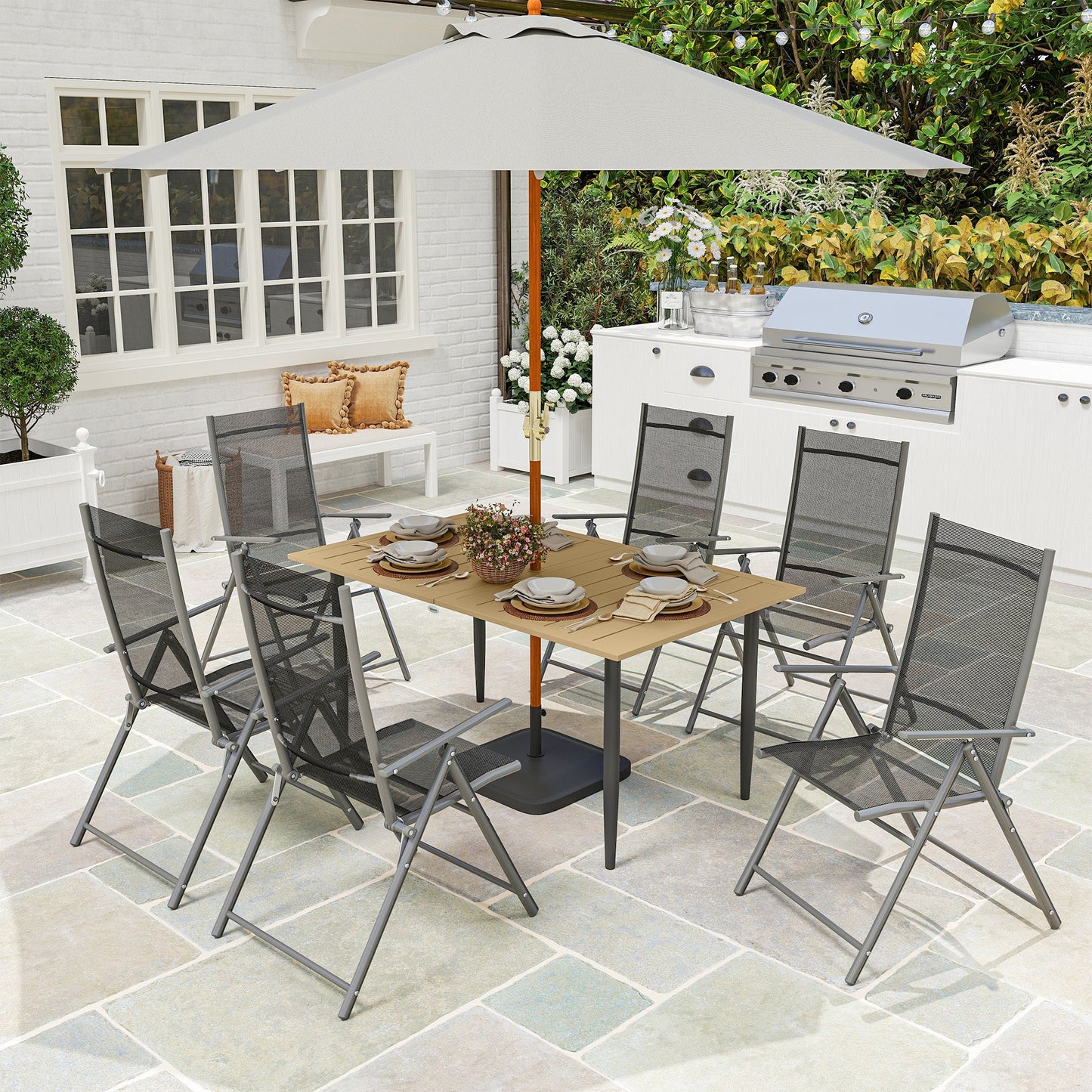 Outsunny Garden Dining Table for 6 Person, Rectangle Outdoor Coffee Table with 5 cm Parasol Hole, Slatted Tabletop and Steel Frame for Patio Balcony, Brown