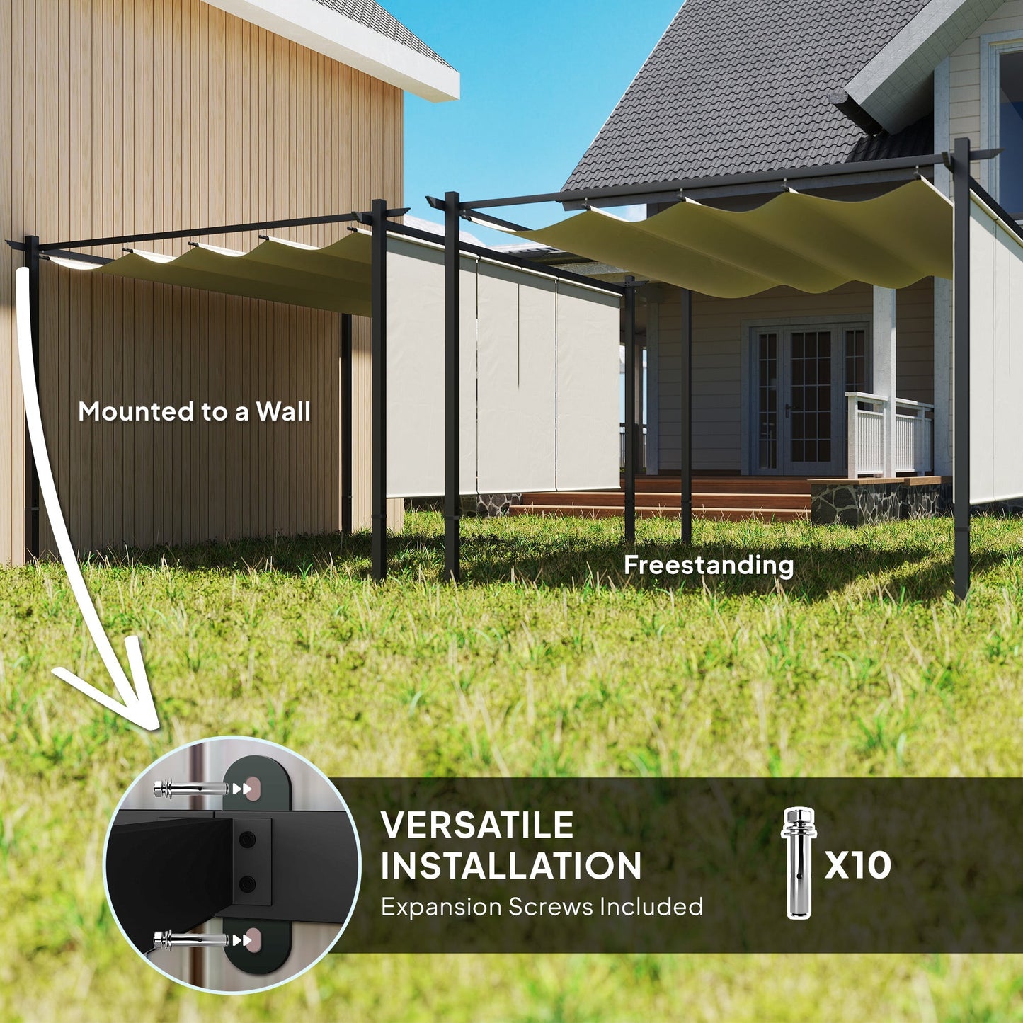 Outsunny 3 x 4m Metal Pergola with Retractable Roof and Roller Shade, Wall-Mounted or Free Standing Garden Gazebo Canopy Pergola Kit, UPF30+ Outdoor Sun Shade Shelter, Beige