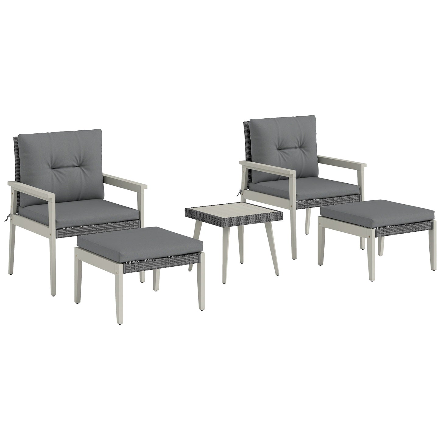 Outsunny 5 Pieces Rattan Garden Furniture Set, Patio Conversation Set with Cushions, Acacia Wood Top Coffee Table and Footstools, Outdoor Table and Chairs for Balcony, Terrace and Conservatory, Grey