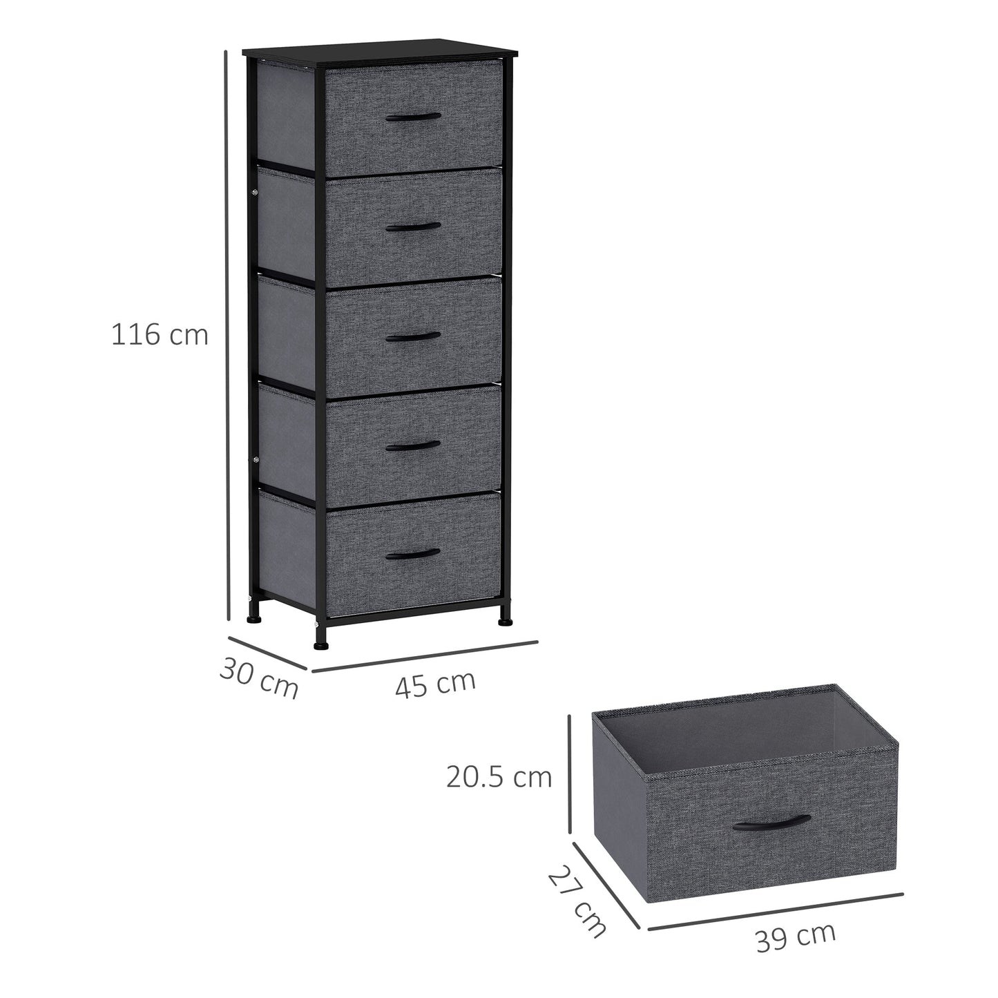 HOMCOM Fabric Chest of Drawers, Storage Drawers, Industrial Bedroom Dresser with 5 Fabric Drawers, Steel Frame and Wooden Top for Nursery, Living Room, Hallway, Dark Grey