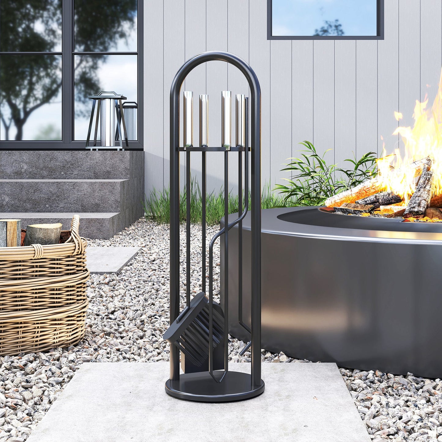 Outsunny 5 Pieces Fireplace Tools Set, Metal Fireplace Accessories Fireside Companion Set with Broom, Shovel, Poker and Bucket, Silver