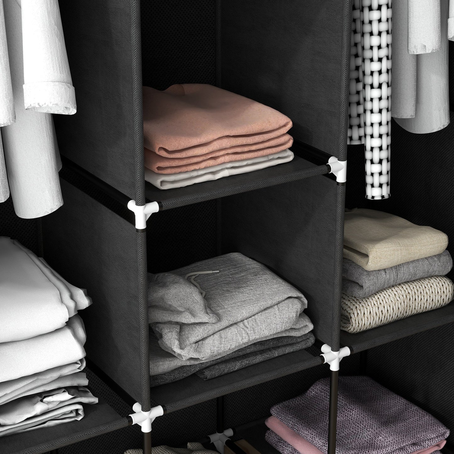 HOMCOM Fabric Wardrobe, Portable Wardrobe, Clothes Storage Unit with 8 Shelves, 2 Hanging Rods, 125 x 43 x 162.5 cm, Black