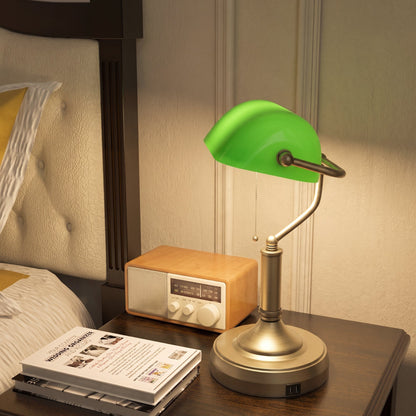HOMCOM Desk Lamp with USB Ports, Banker's Table Lamp Desk Lamp with Vintage Bronze Tone Base and Pull Rope Switch, Green