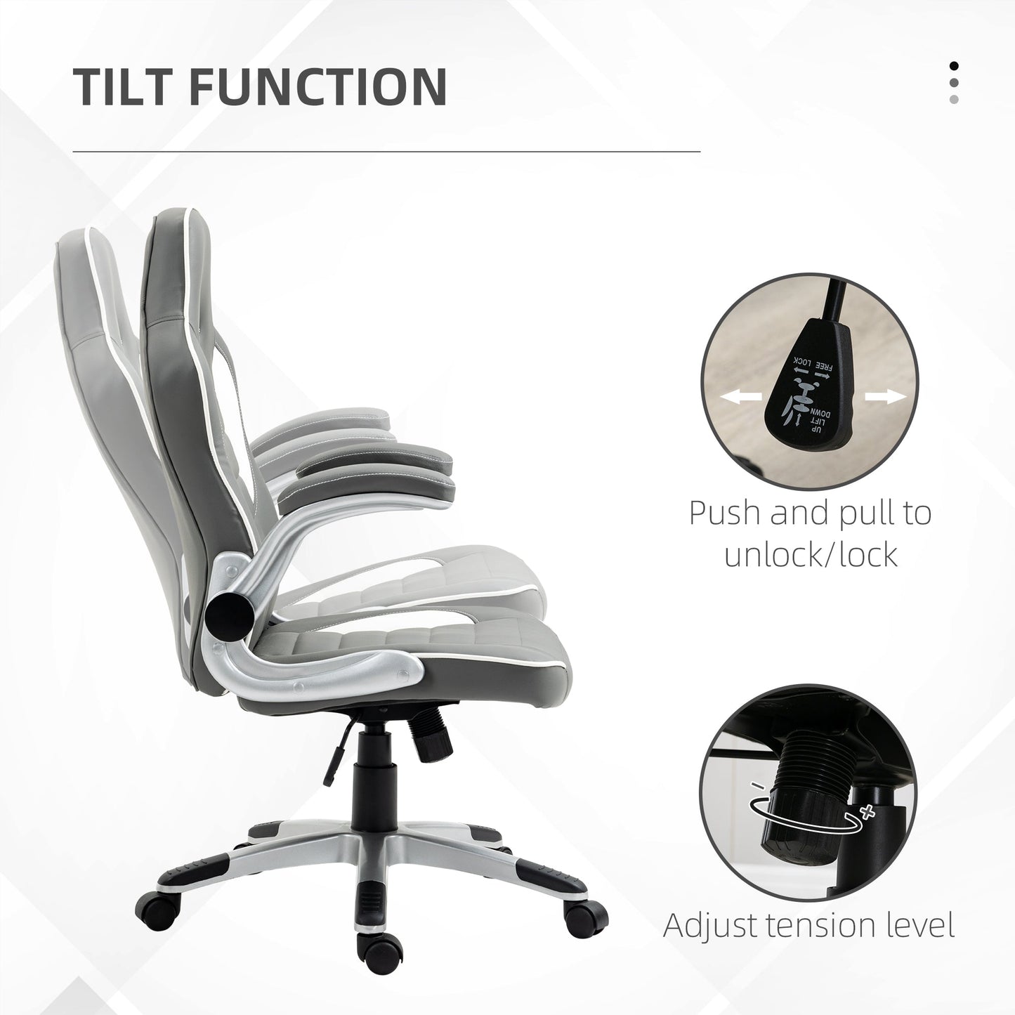 Vinsetto Computer Gaming Chair, Office Desk Swivel Chair, PU Leather Racing Chair with 90\'c2\'b0 Flip-up Armrest, Adjustable Height and Rolling Wheels, Grey