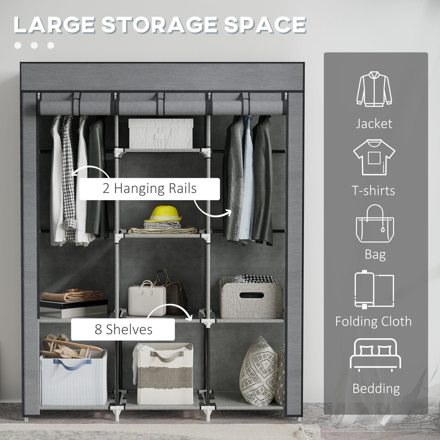 HOMCOM Fabric Wardrobe, Portable Wardrobe, Clothes Storage Unit with 8 Shelves, 2 Hanging Rods, 125 x 43 x 162.5 cm, Dark Grey