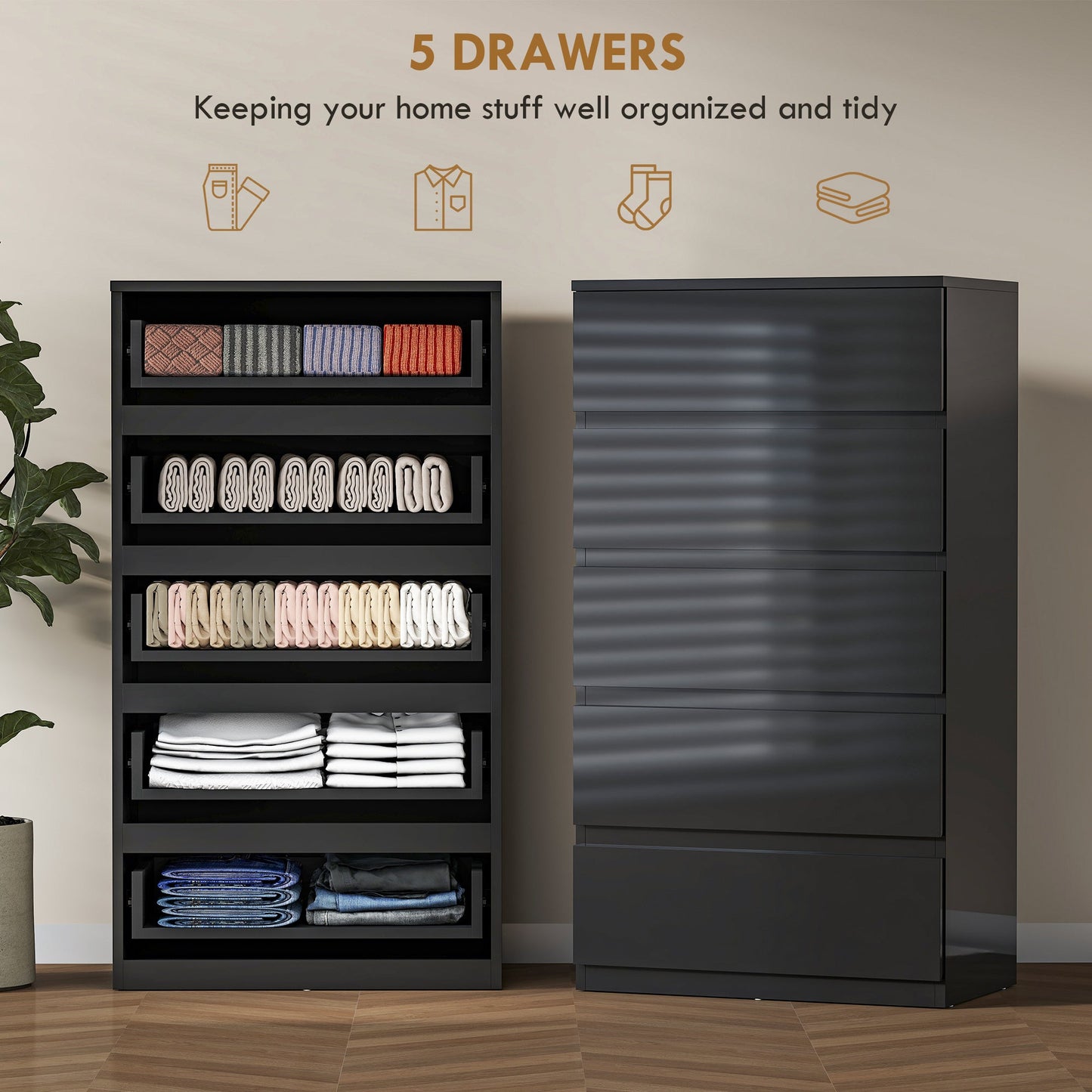 HOMCOM Chest of Drawers, 5-Drawer Storage Cabinets, Modern Dresser, Storage Drawer Unit for Bedroom