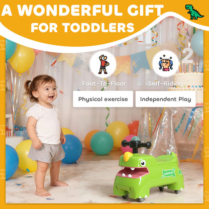 AIYAPLAY Kids Ride On Car, Dinosaur Foot to Floor Slider with Storage, Toddler Walker with Light, Sounds, Green