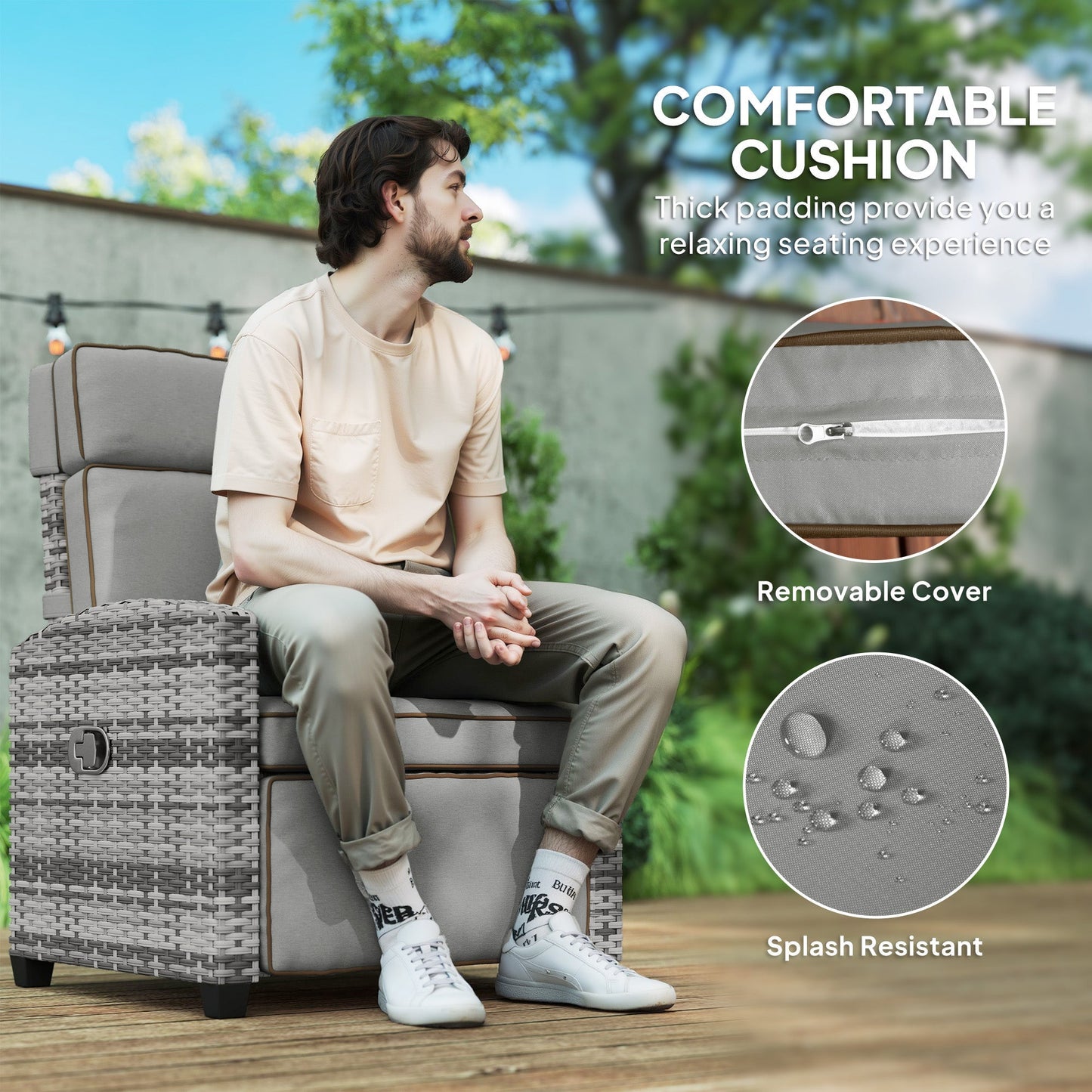Outsunny Rattan Garden Recliner Chair, Adjustable Backrest Reclining Rattan Chair with Flip Table, Cushion and Footrest, Indoor Outdoor Lounge Reclining Sun Lounger for Patio, Mixed Grey/Grey