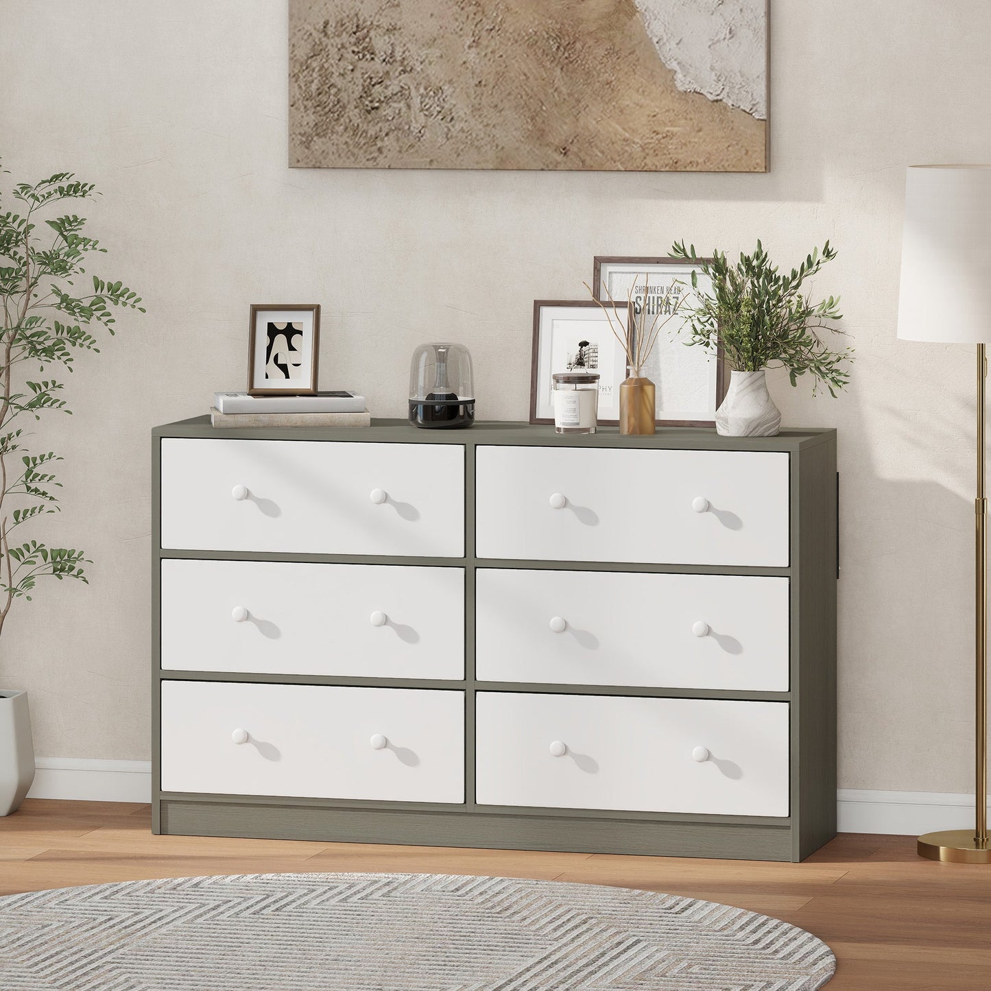 HOMCOM Chest of Drawers, Dresser with 6 Fabric Drawers - White and Grey