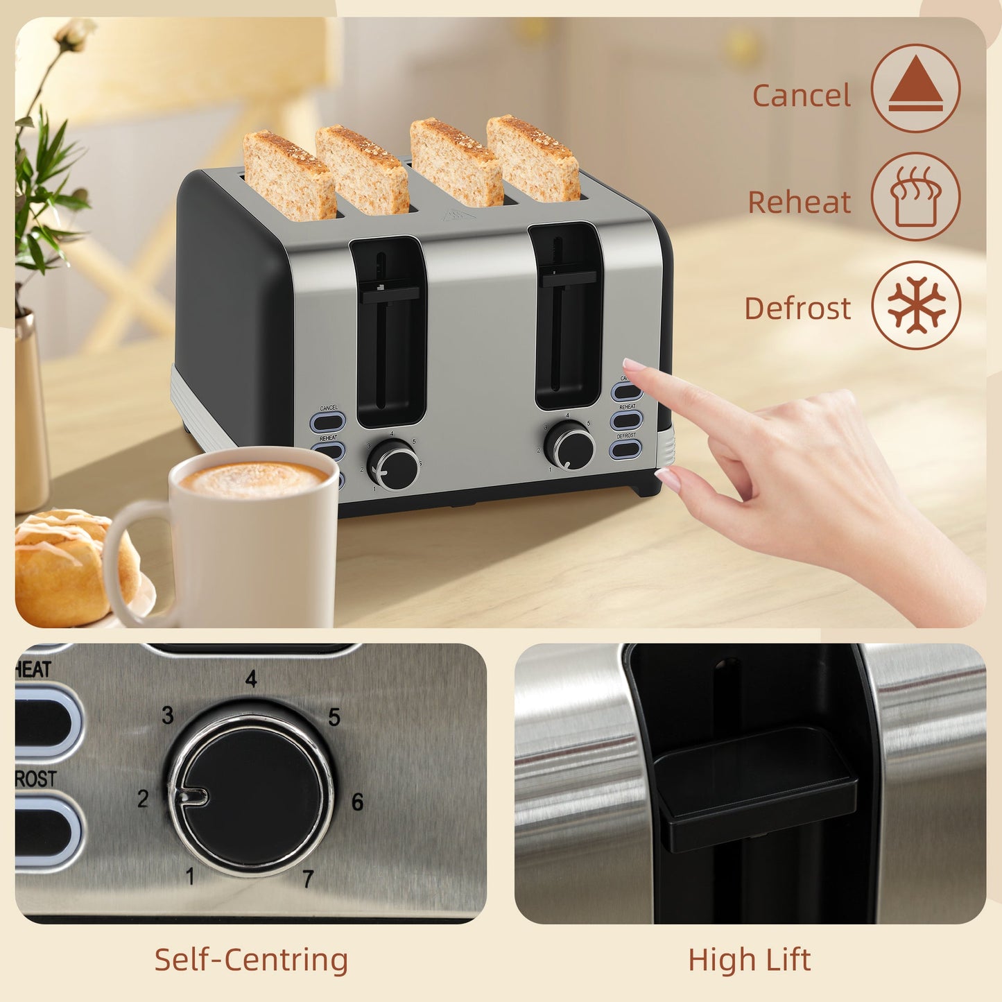 HOMCOM Stainless Steel Kettle and Toaster Set, 1.7L 3000W Rapid Boil Jug Kettle with UK Strix Thermostat, Limescale Filter, 4 Slice Toaster with 7 Browning Controls, Crumb Tray, Black and Silver Tone