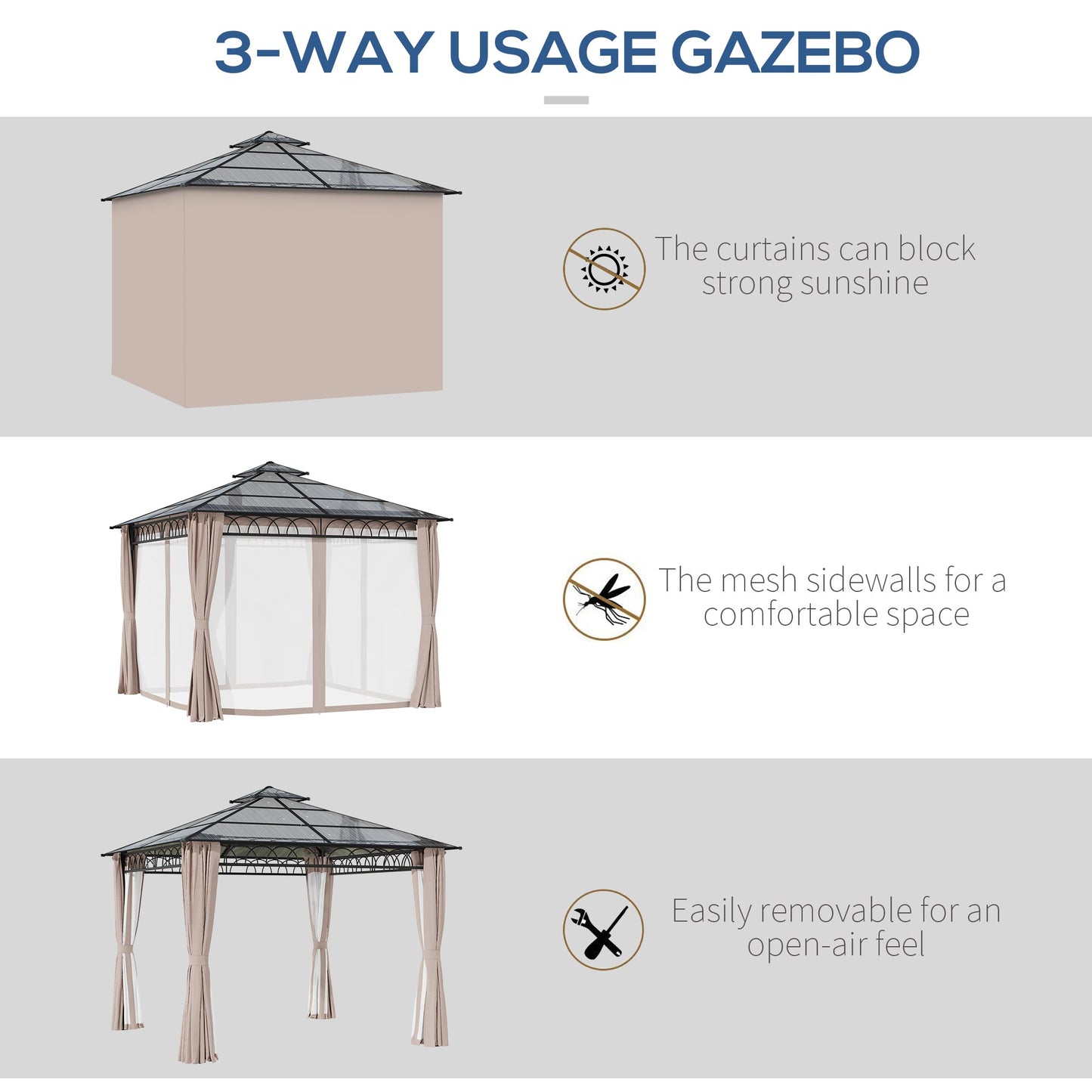 Outsunny 3 x 3 (m) Outdoor Polycarbonate Gazebo, Double\'c2\'a0Roof Hard Top Gazebo with\'c2\'a0Galvanised Steel Frame, Nettings\'c2\'a0&\'c2\'a0Curtains for Garden, Lawn, Patio and Deck, Khaki