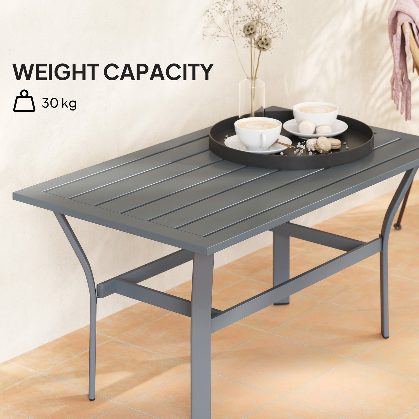 Outsunny Metal Garden Coffee Table, Rectangular Outdoor Side Table with Slatted Tabletop, Foot Pads for Outside, Garden, Balcony, Porch, 91.5 x 55 x 45cm, Dark Grey