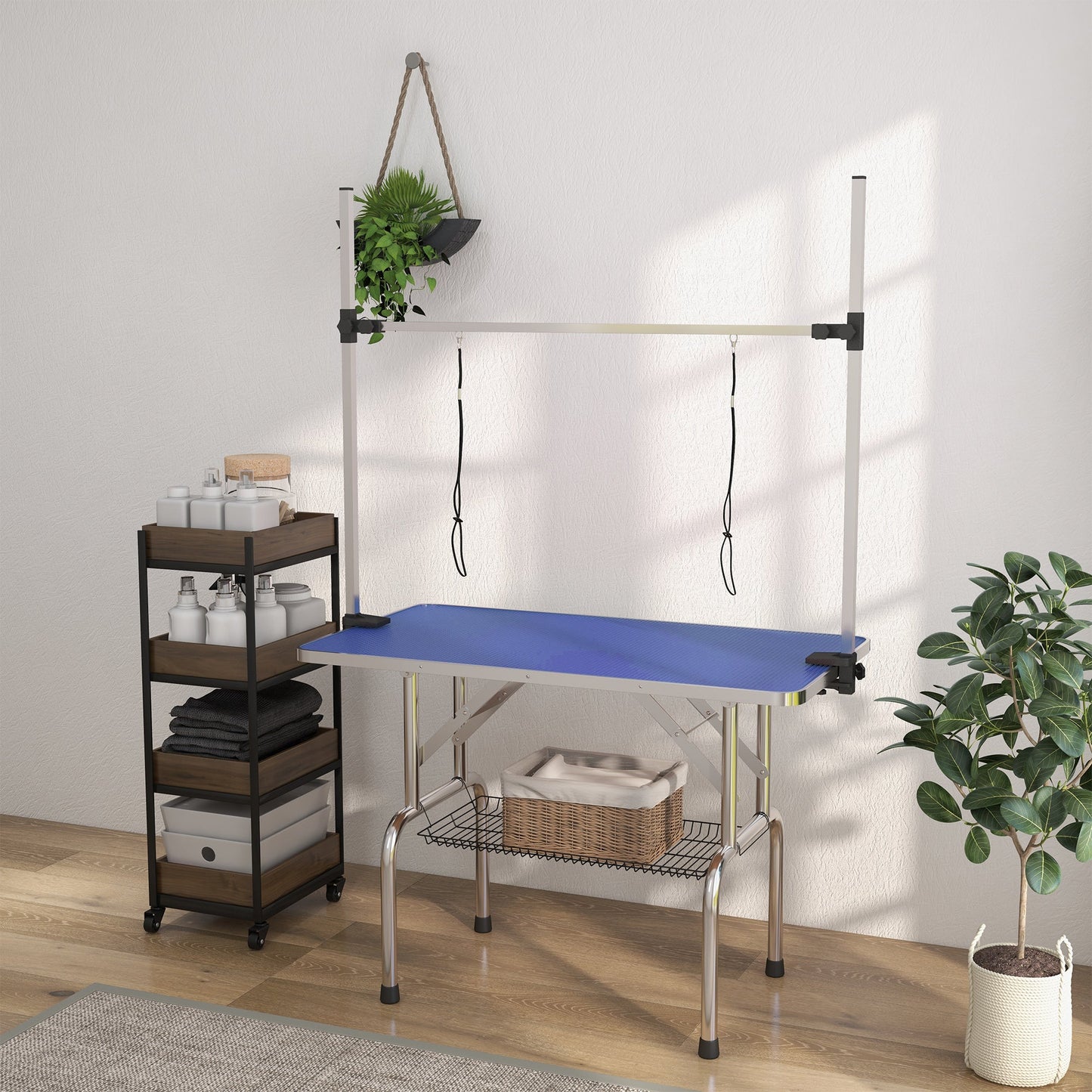 PawHut 42" Dog Grooming Table, Adjustable Pet Cat Drying Beauty Table with 2 Loops Storage Basket, Rubber Top, Blue