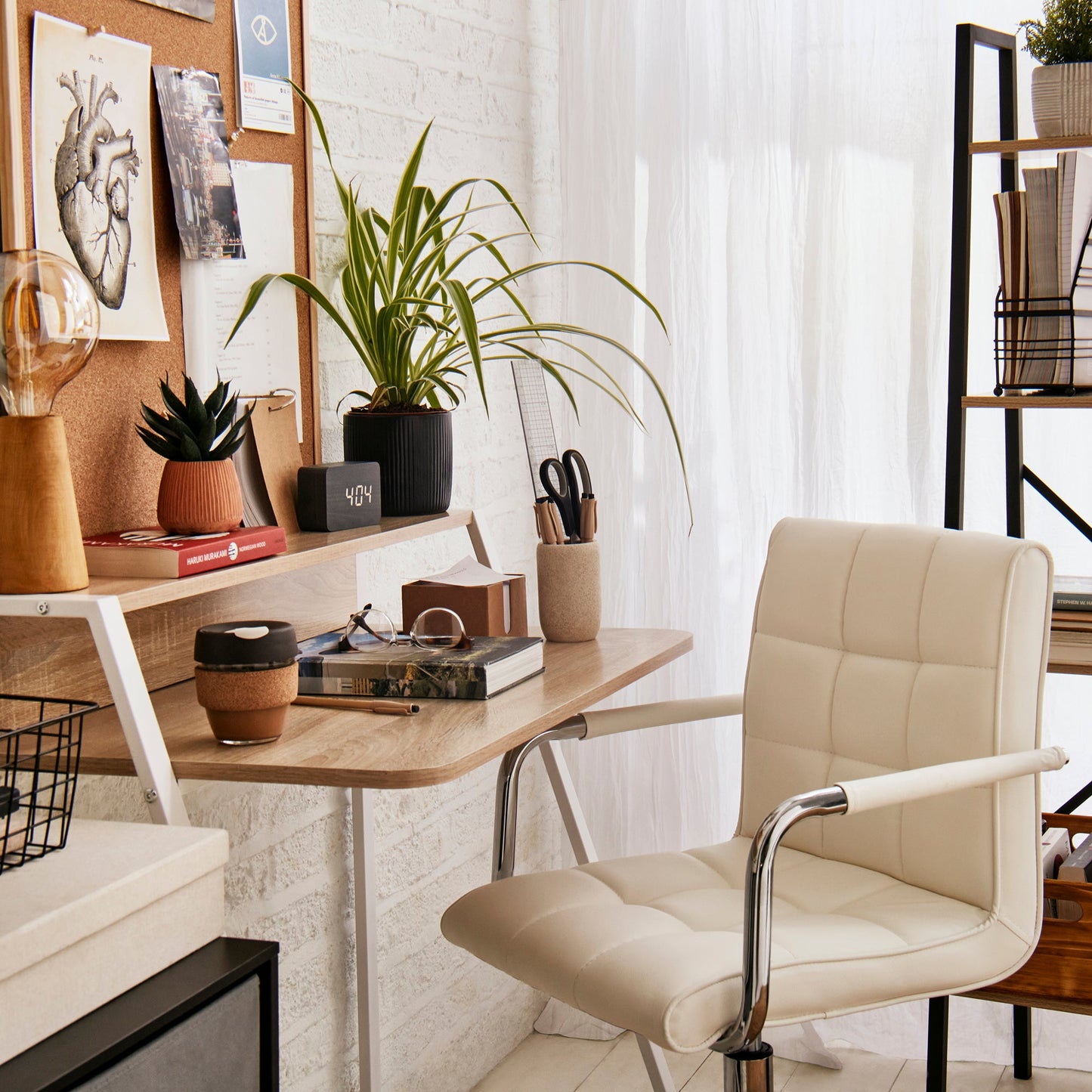 HOMCOM Home Office Chair and Computer Desk Set, Faux Leather Desk Chair with Swivel Wheels, Study Desk with Storage Shelf, White