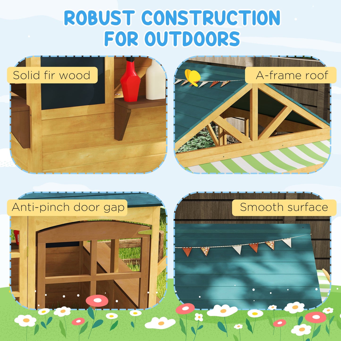 AIYAPLAY Wooden Playhouse for Kids, Foldable Wendy House with Windows, Working Door, Service Stations, Rain Covers, Brown