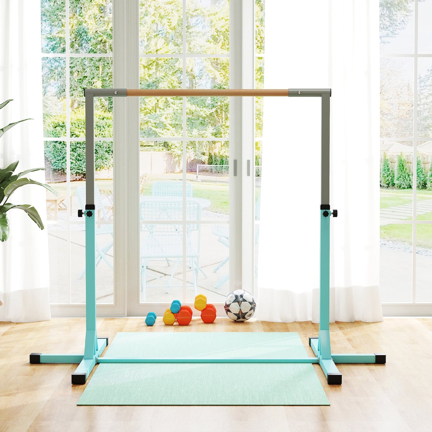 HOMCOM Height Adjustable Gymnastics Horizontal Bar for Kids, Children Junior Kip High Bar Fitness, Light Blue