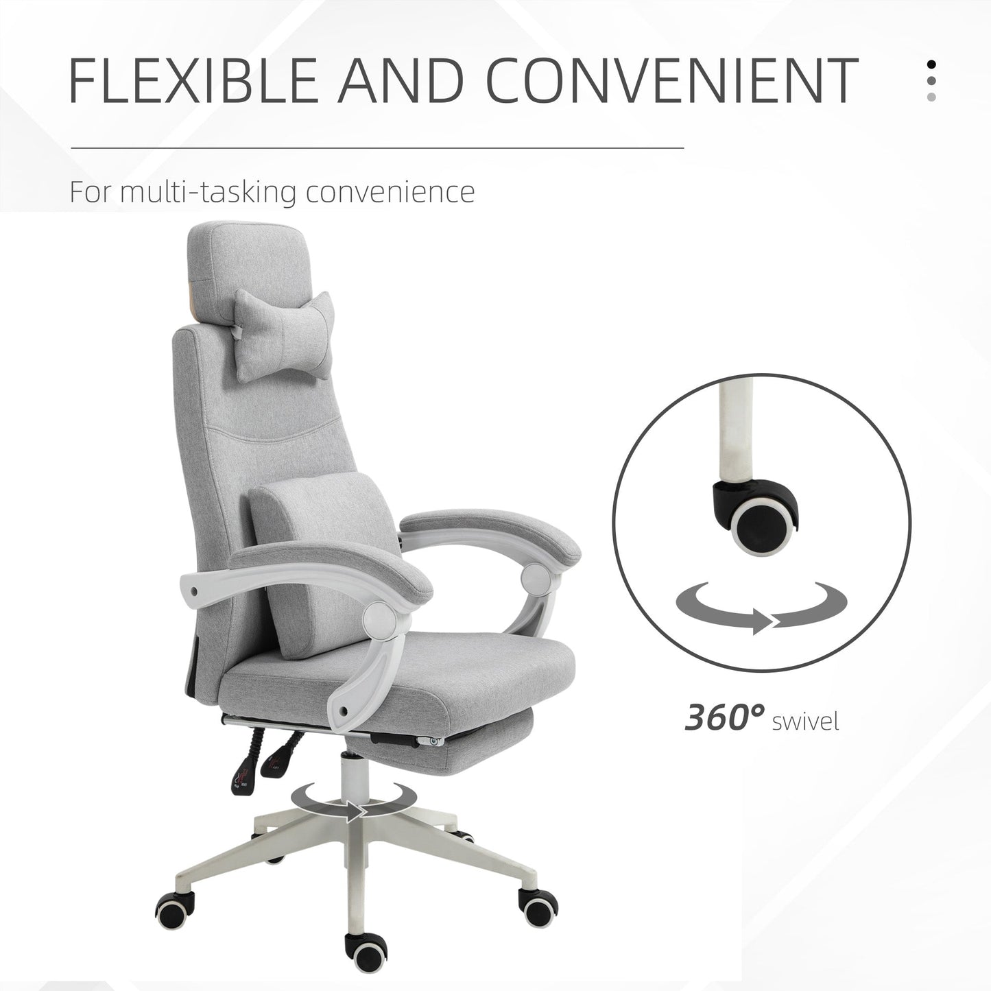 Vinsetto Office Chair, Ergonomic Desk Chair, High Back Fabric Work Chair with 160\'c2\'b0 Reclining Backrest, Retractable Footrest, Neck and Lumbar Pillow for Home and Study, Grey