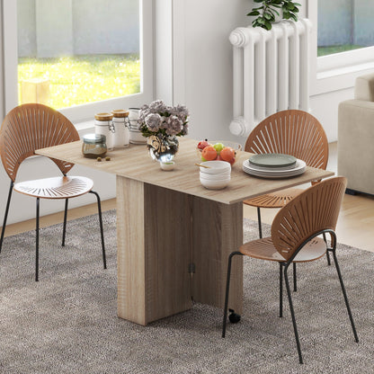 HOMCOM Folding Dining Table, Drop Leaf Table for Small Spaces with 2-tier Shelves, Small Kitchen Table with Rolling Casters, Natural