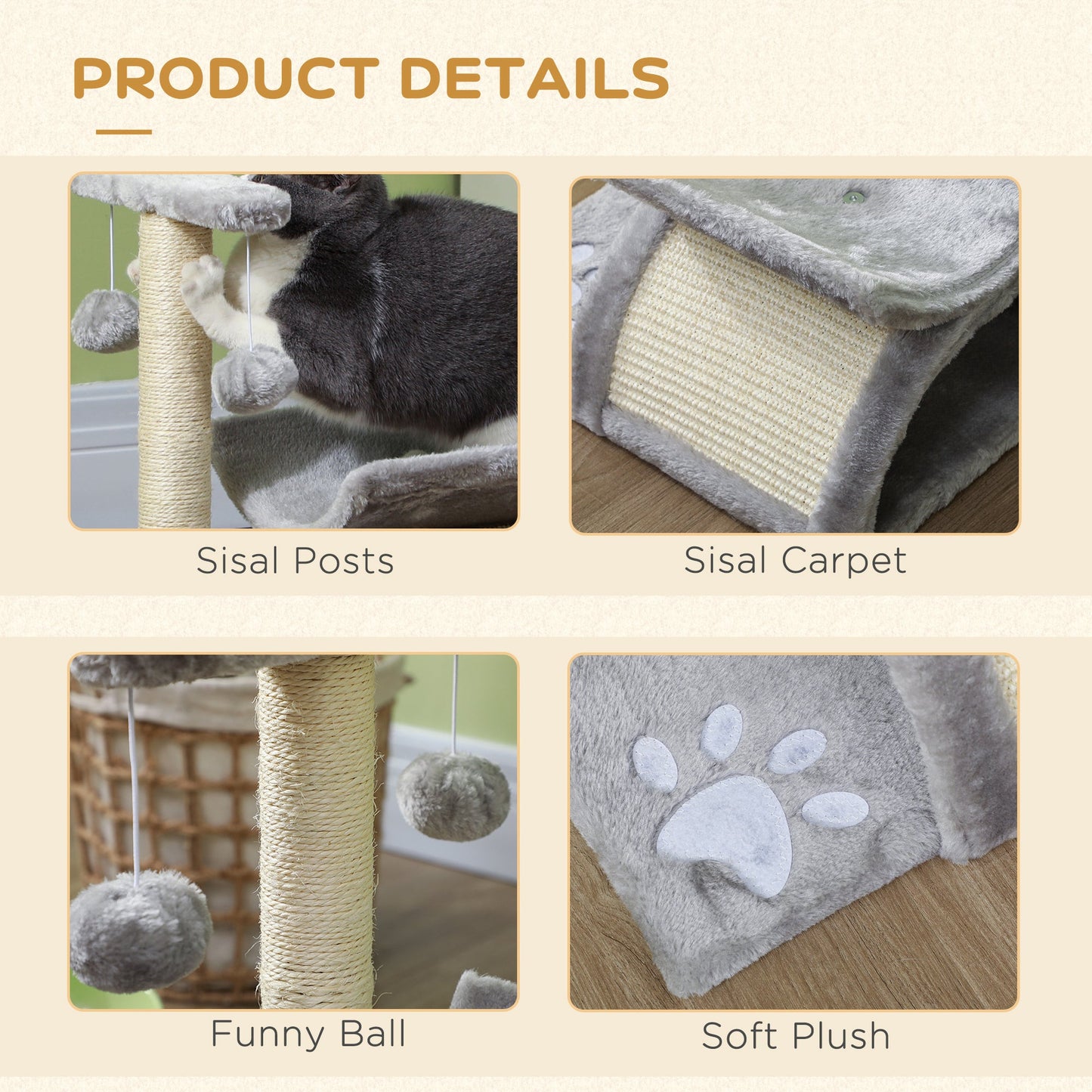 PawHut Cat Tree, Cat Tower for Kittens, Small Cat Condo with Rotatable Top Bar, Sisal Scratching Post, Tunnel, Dangling Balls - Grey