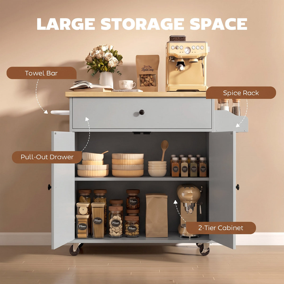 HOMCOM Kitchen Island with Drop Leaf, Rolling Kitchen Storage Trolley on Wheels with Drawer, Spice Rack and Towel Rack, Grey
