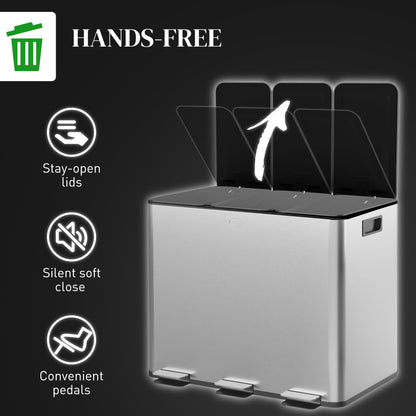 HOMCOM 3 x 20L Pedal Bin, Steel Triple Kitchen Bin with Soft Close Lid, Removable Inner Buckets, Fingerprint-Proof, Silver Tone