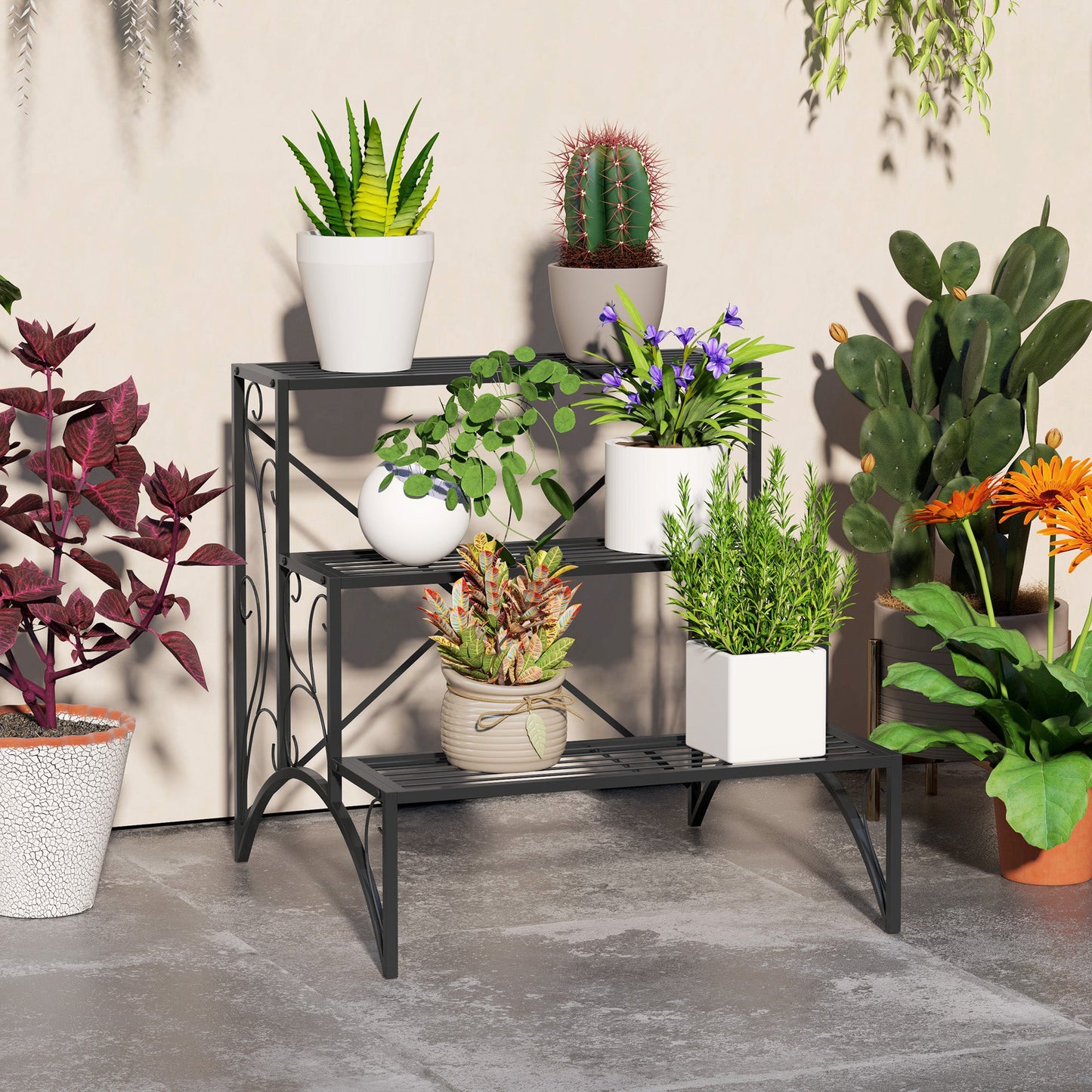 Outsunny Three-Tier Decorative Metal Plant Stand - Black