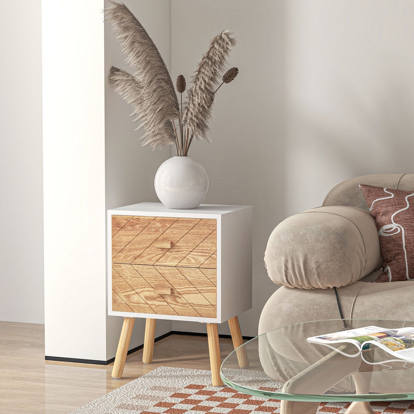 HOMCOM Bedside Table Set of 2, Modern Bedside Cabinets with Drawer and Pine Wood Legs, Nightstand for Bedroom, White and Natural