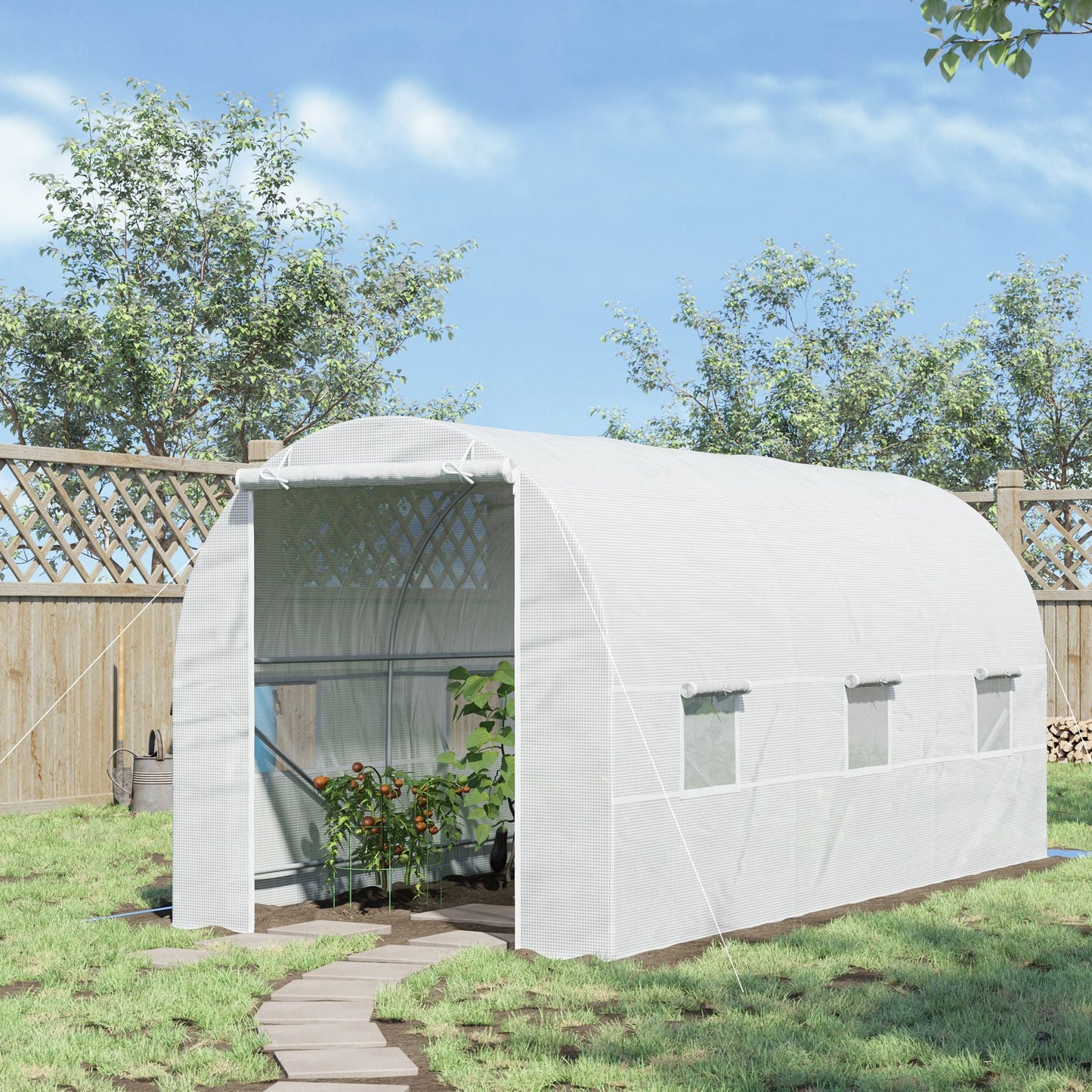 Outsunny 4.5 x 2 x 2 m Polytunnel Greenhouse, Walk-in Green House for Garden with Mesh Windows, Galvanised Steel Frame, White