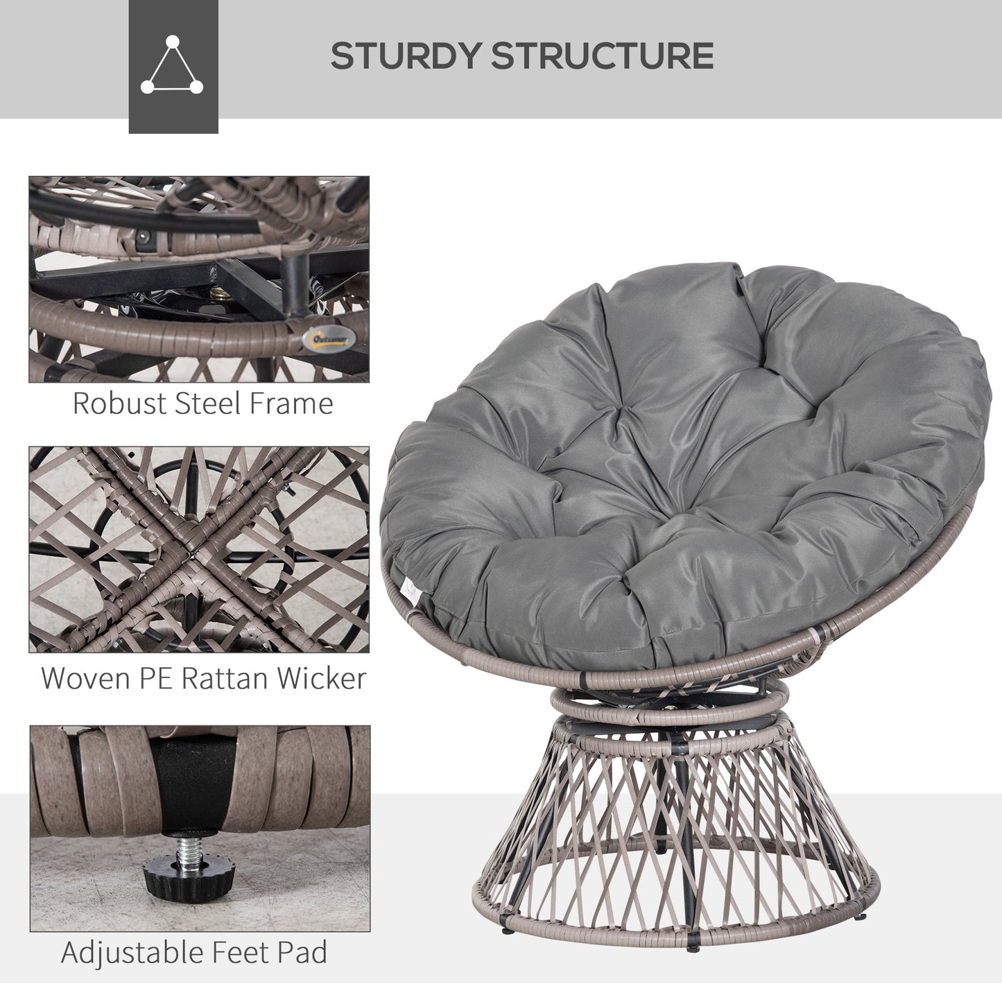 Outsunny 360\'c2\'b0 Swivel Rattan Papasan Moon Bowl Chair Round Lounge Garden Wicker Basket Seat with Padded Cushion Oversized for Outdoor Indoor, Grey