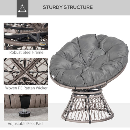 Outsunny 360\'c2\'b0 Swivel Rattan Papasan Moon Bowl Chair Round Lounge Garden Wicker Basket Seat with Padded Cushion Oversized for Outdoor Indoor, Grey