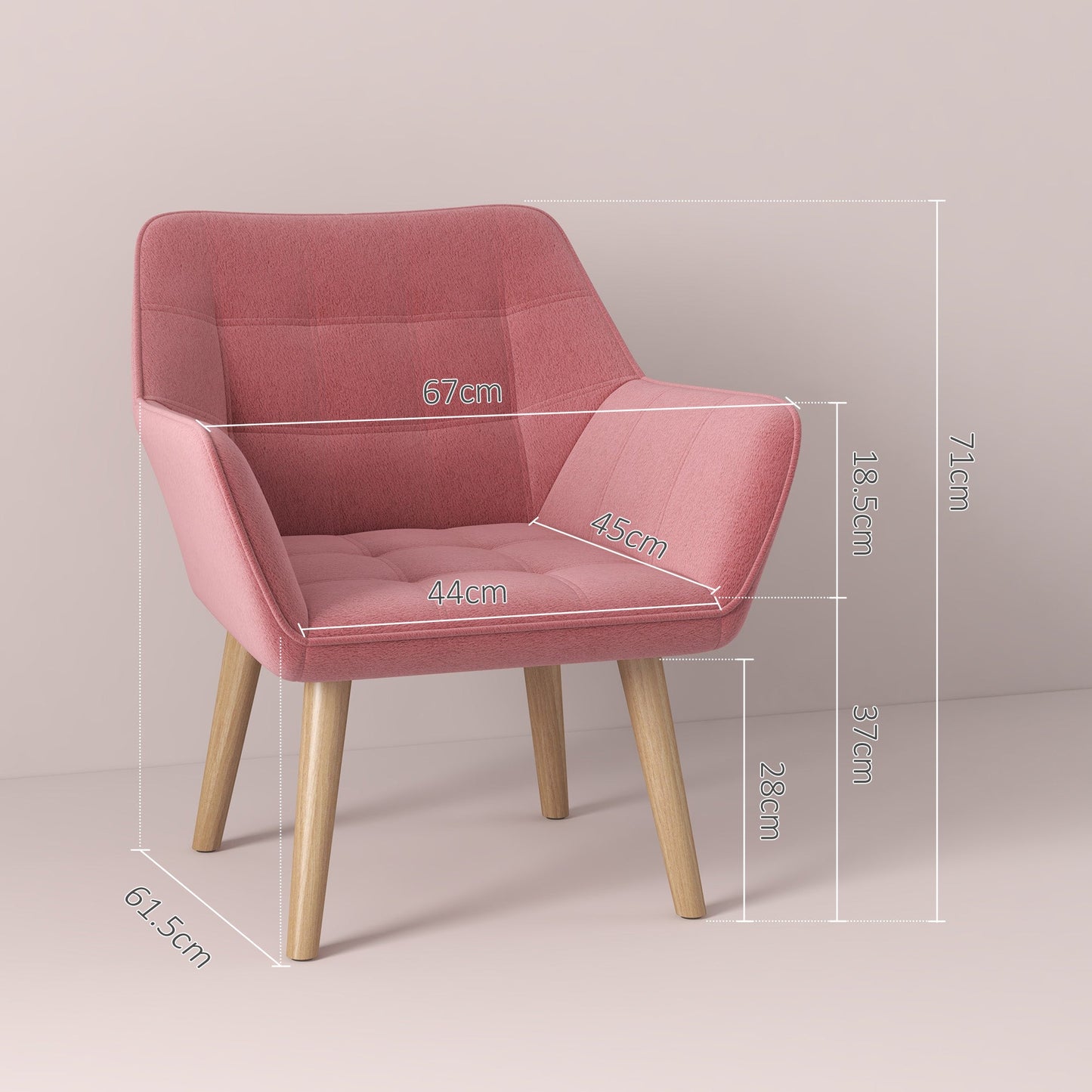 HOMCOM Accent Chair, Arm Chair with Wide Arms, Slanted Back, Thick Padding and Rubber Wooden Legs for Living Room, Pink