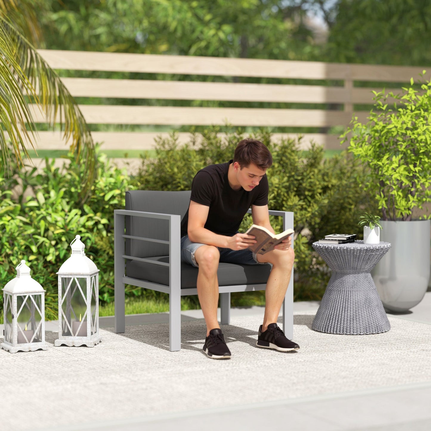 Outsunny Patio Furniture Aluminium Armchair, All-Weather Outdoor Single Sofa, Metal Frame Outdoor Chair with Cushions for Garden, Balcony, Charcoal Grey