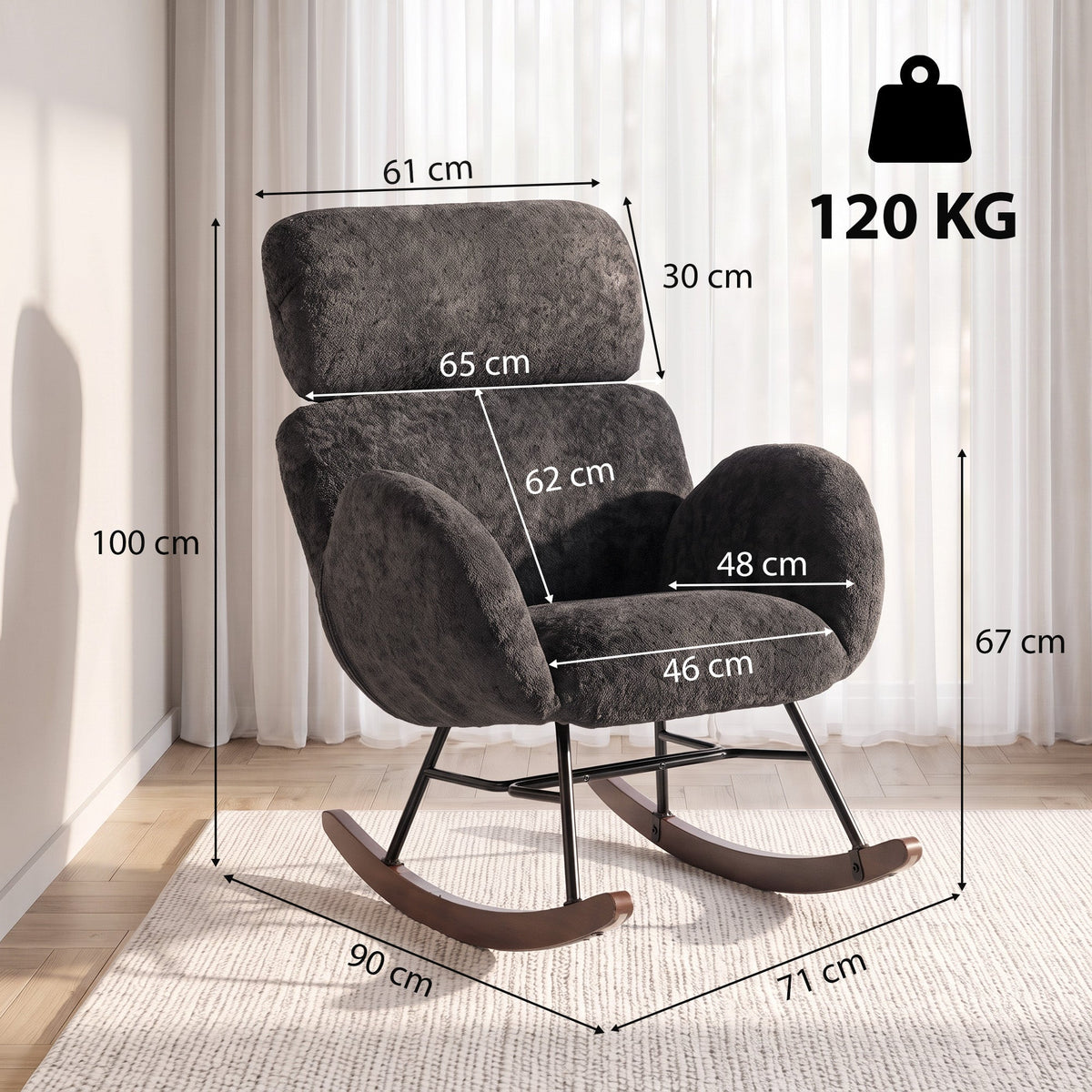 HOMCOM Upholstered Rocking Chair Adjustable Headrest Rocker Chair Raindrop Velvet Rubberwood Base Dark Grey