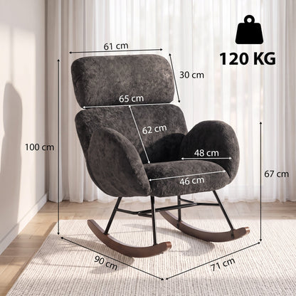 HOMCOM Upholstered Rocking Chair Adjustable Headrest Rocker Chair Raindrop Velvet Rubberwood Base Dark Grey