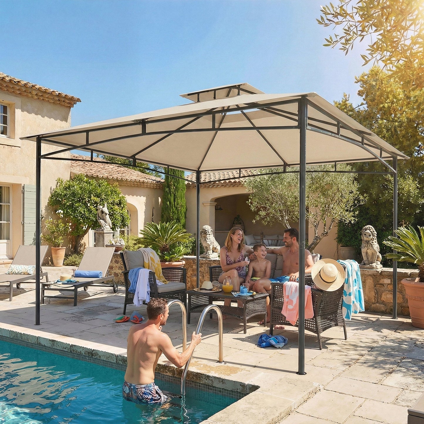 Outsunny 3 x 3 m Gazebo, Garden Gazebo with 2-Tier Roof, Metal Frame, Khaki