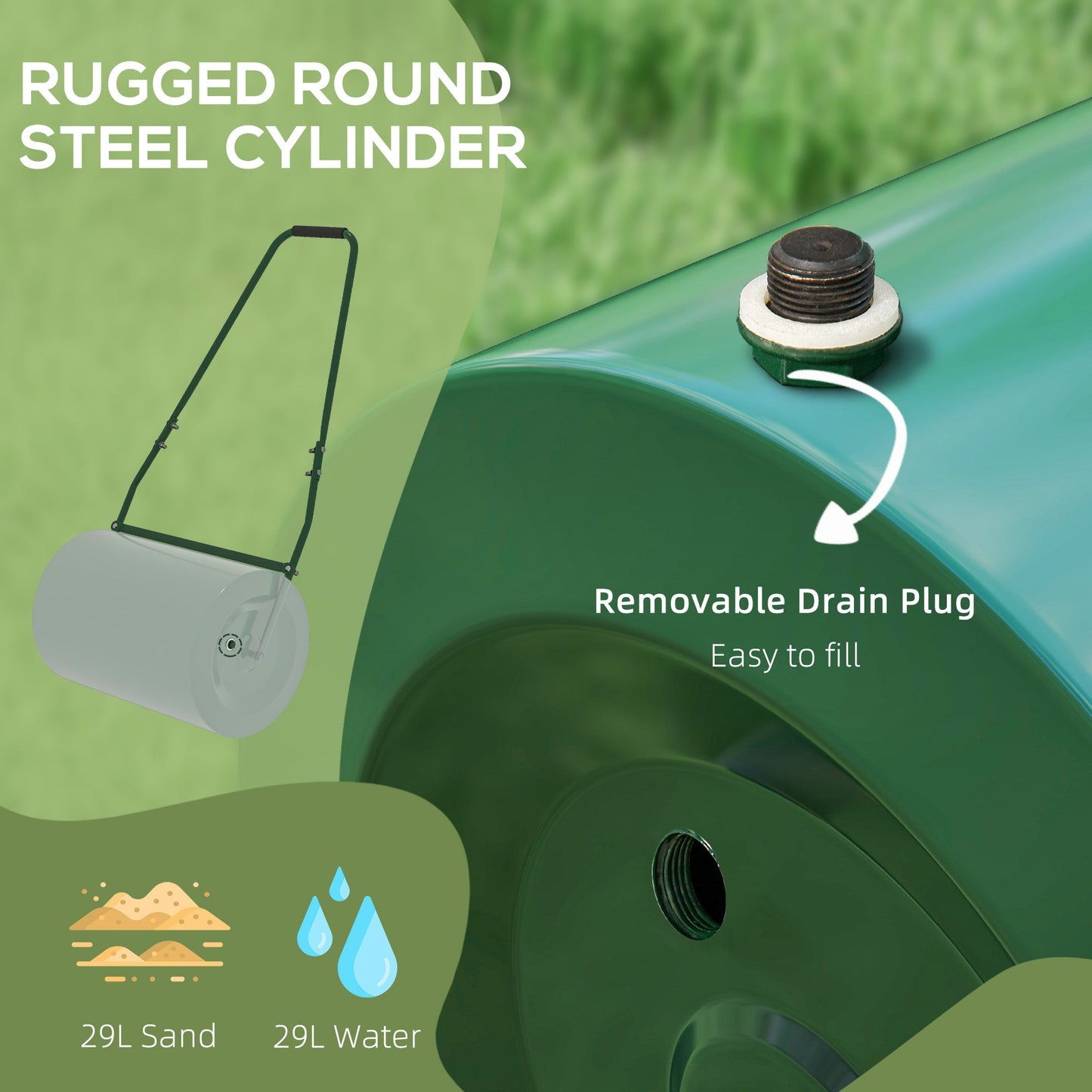 Outsunny 63 L Heavy Duty Water Or Sand Filled \'ce\'a630cm Garden Steel Lawn Roller Drum - Dark Green