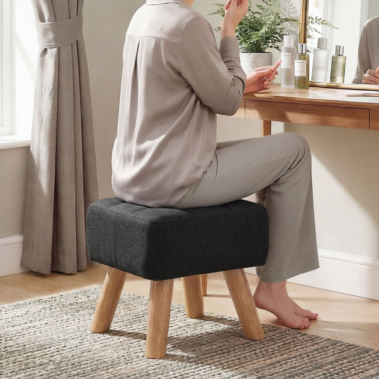 HOMCOM Linen-Look Square Padded Footstool - Black